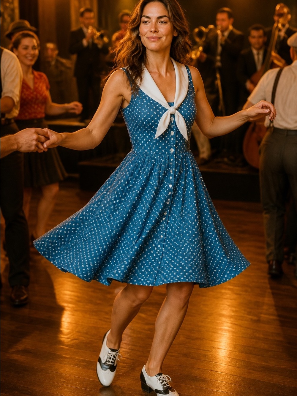Womens Vintage Style Tatyana Blue Polka Dot Sailor Dress Size L